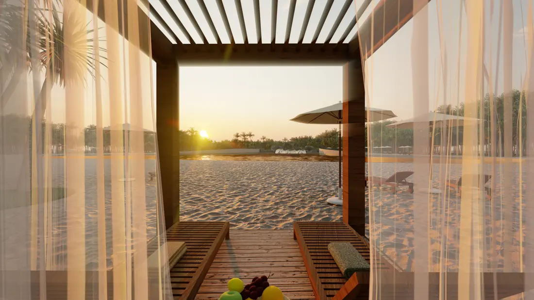 Imagen ilustrativa de una cabaña con vista a la playa y a la laguna al atardecer